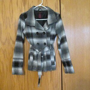 NEW LOOK WOMEN'S JUNIORS SIZE M COAT BLACK, WHITE, GRAY PLAID FALL BELTED JACKET